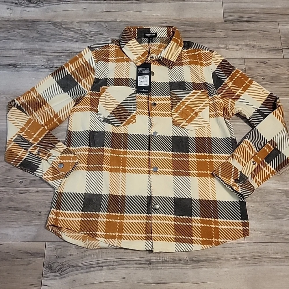 True Religion Polar Fleece Shacket Mens Large Brown‎ Gray Allover Gometric NWT